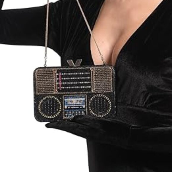Neiman Marcus Rhinestone Black Boombox Clutch Handbag - Picture 2 of 4